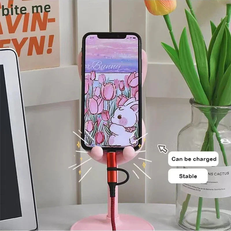 Pink Phone Holder Desktop Cell Phone Stand For iPhone 13 14 Samsung Smartphone Adjustable Lovely Rabbit Cartoon Table Support